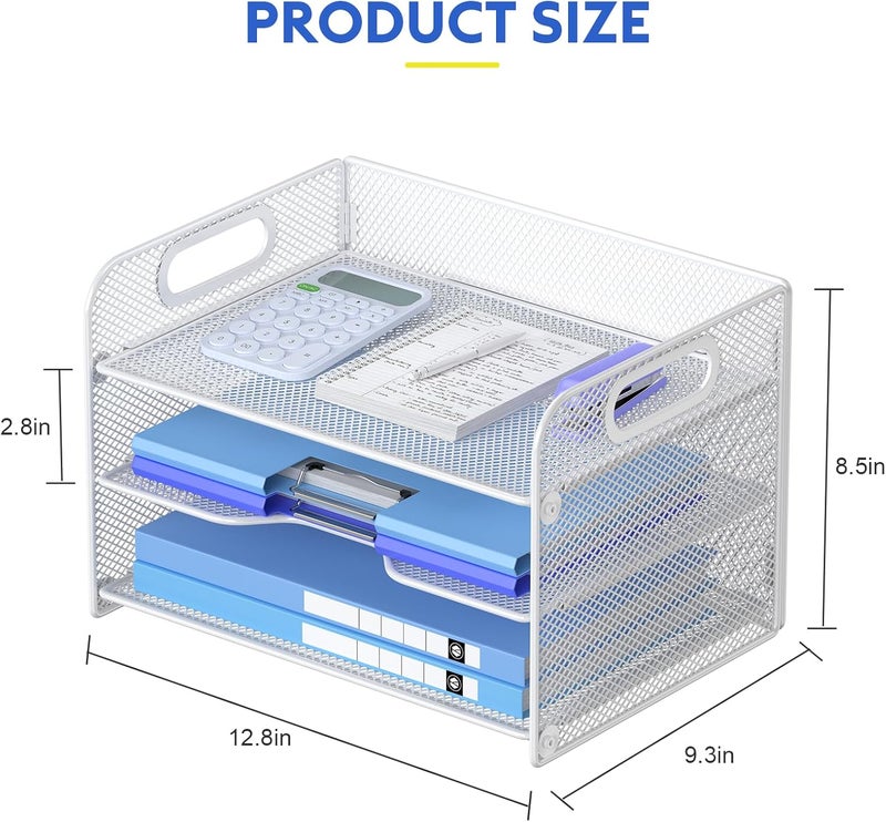Samstar 3 Tier White Letter Tray Paper Organizer with Handle, Mesh Desk Organizer Paper Sorter File Rack Shelves, White - Image 4